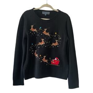 Karen Scott Christmas Sweater Size XL Black Santa Reindeer Lights